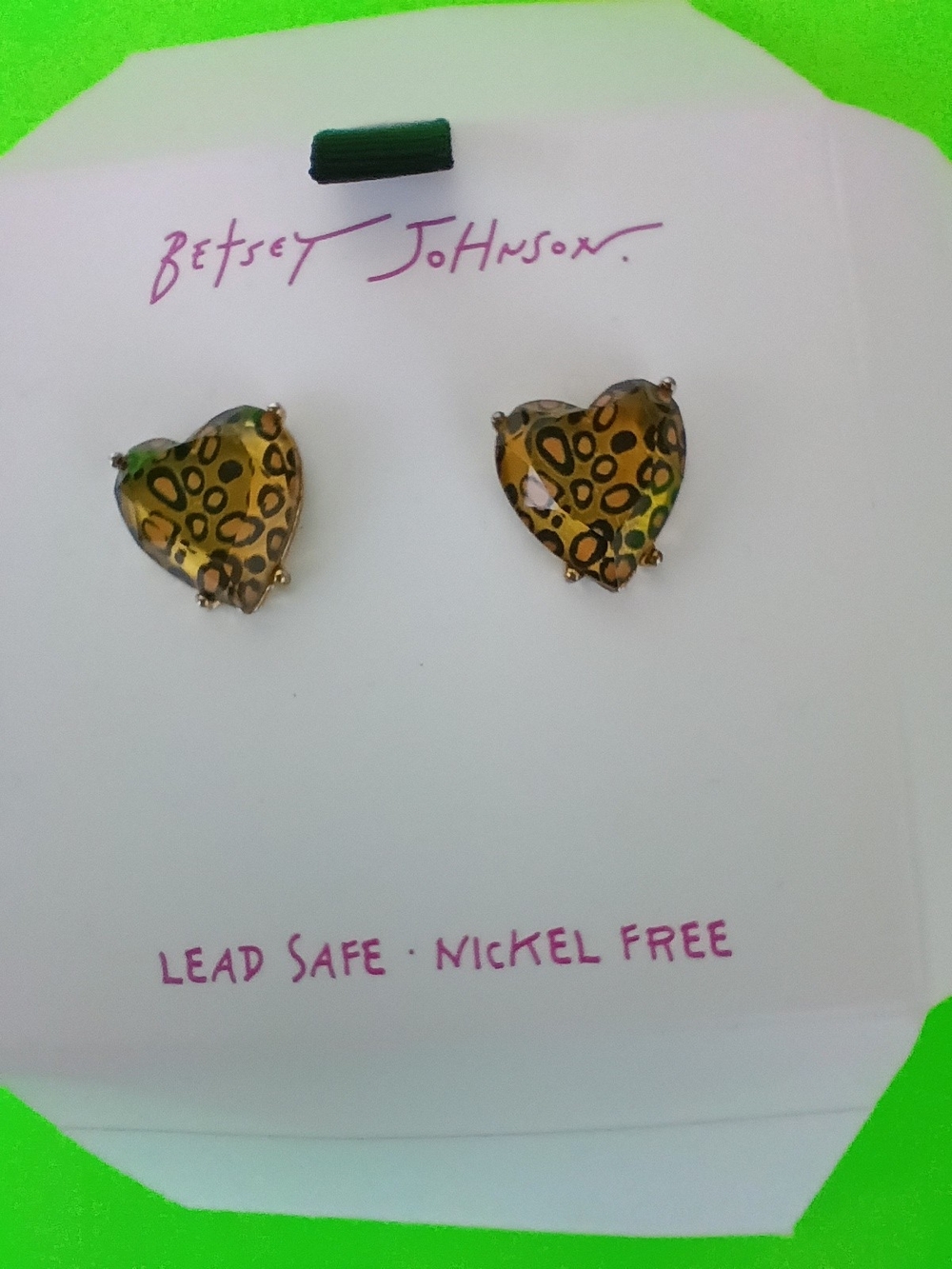 Betsey Johnson Leopard Print Heart Stud Earrings Gold Tone NWOT
